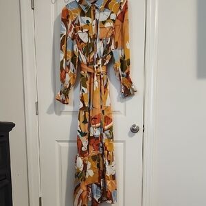 Orange and Brown Long Sleeve Sundress with Tie Front